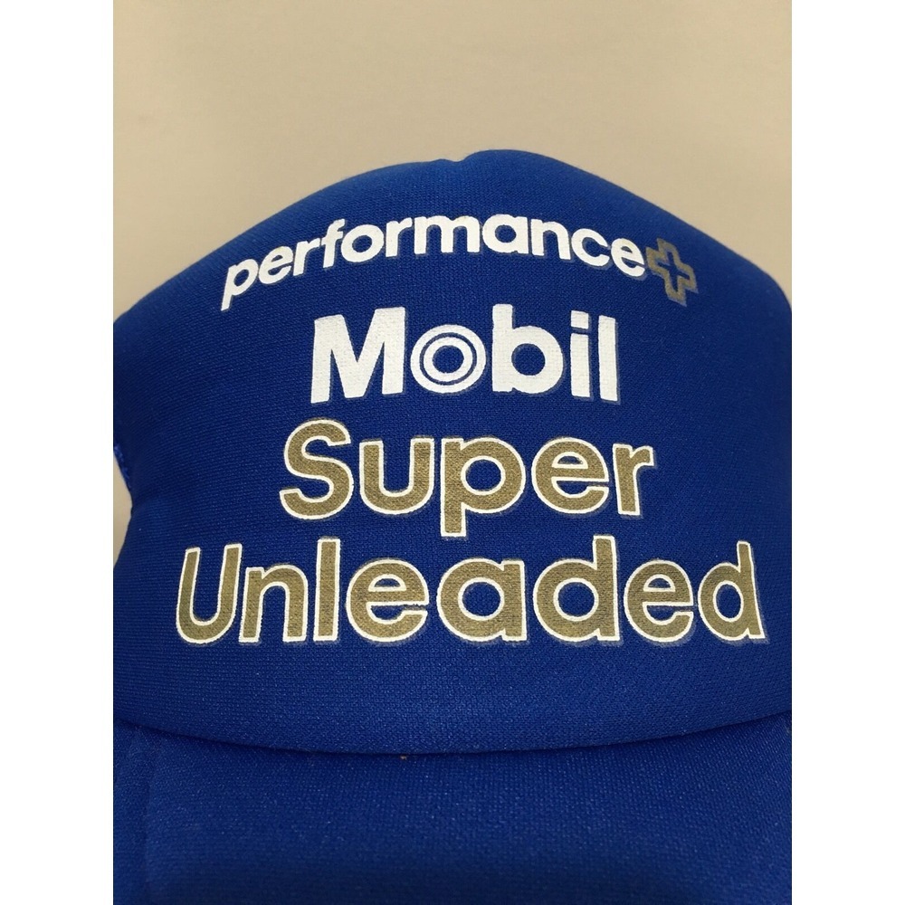 VINTAGE MOBIL SUPER UNLEADED PERFORMANCE PLUS BLUE SNAPBACK TRUCKER HAT GASOLINE